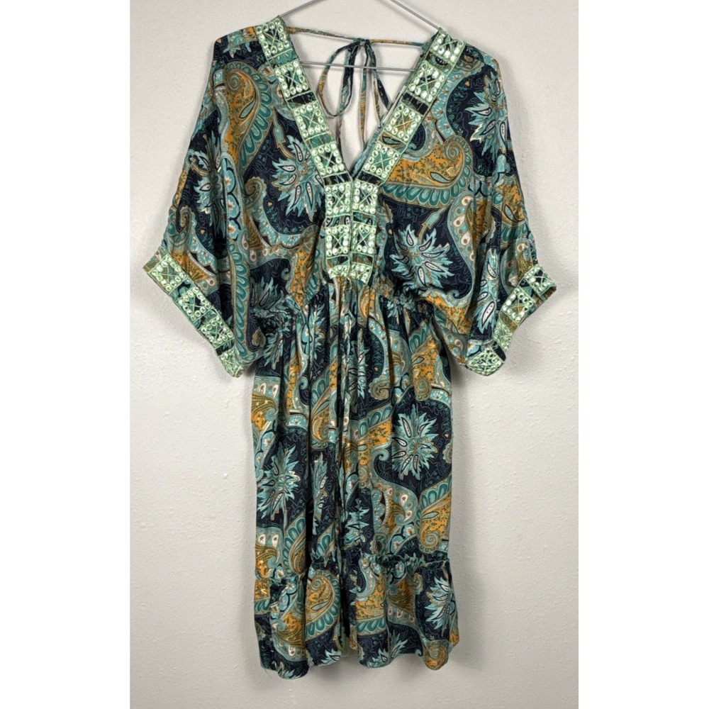 Dress Nado Paisley Kaftan Dress Boho Resort Kimono Sleeve Embroidered Teal S